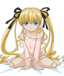 Rule 34 | 00s, 1girl, alternate costume, barefoot, bed sheet, black ribbon, blonde hair, blue eyes, collarbone, doll joints, drill hair, full body, hair ribbon, joints, jpeg artifacts, long hair, long sleeves, no pants, off shoulder, parted lips, ribbon, rozen maiden, shinku, sidelocks, sitting, sleeves past wrists, solo, sweater, twin drills, twintails, very long hair, wariza