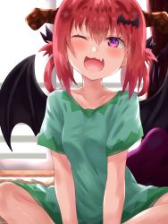 Rule 34 | 1girl, :3, ;d, bat hair ornament, blush, collarbone, commentary, curtains, day, demon horns, demon wings, english commentary, fang, gabriel dropout, green shirt, hair between eyes, hair ornament, head tilt, highres, horns, indoors, looking at viewer, needledmouse, one eye closed, open mouth, pink eyes, red hair, satanichia kurumizawa mcdowell, shirt, short sleeves, sitting, smile, solo, v-shaped eyebrows, window, wings