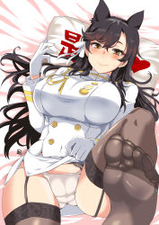 Rule 34 | 1girl, animal ears, aoi manabu, atago (azur lane), azur lane, black hair, black thighhighs, blush, breasts, brown eyes, cleft of venus, closed mouth, clothes lift, covered navel, feet, foreshortening, garter straps, gloves, hair ribbon, large breasts, lifted by self, long hair, long sleeves, looking at viewer, lying, military, military uniform, miniskirt, mole, mole under eye, no shoes, on back, panties, ribbon, skirt, skirt lift, smile, soles, solo, thighhighs, toes, underwear, uniform, white gloves, white panties, yes-no pillow