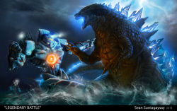 Rule 34 | battle, cannon, cherno alpha, chest cannon, claws, crossover, directed-energy weapon, electricity, electroshock weapon, energy, energy cannon, energy weapon, epic, fangs, gipsy danger, glowing, glowing eyes, godzilla, godzilla (2014), godzilla (series), highres, jaeger (pacific rim), kaijuu, legendary pictures, lightning bolt symbol, mecha, mechanical arms, monster, monsterverse, no humans, nuclear vortex turbine, ocean, open mouth, pacific rim, pan pacific defense corps, rain, robot, science fiction, sea monster, sean sumagaysay, sharp teeth, super robot, teeth, toho, watermark, z-14 tesla fists