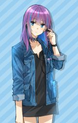 Rule 34 | 1girl, blue eyes, blue hair, blue jacket, breast pocket, closed mouth, collar, collarbone, earbuds, earphones, highres, holding, holding earphones, jacket, looking at viewer, multicolored hair, open clothes, open jacket, original, pocket, sidelocks, single earphone removed, solo, somechime (sometime1209), standing, streaked hair