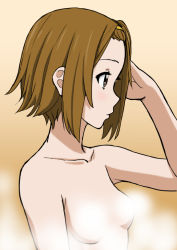 Rule 34 | 00s, 1girl, blush, breasts, brown eyes, brown hair, censored, convenient censoring, gradient background, hairband, k-on!, matching hair/eyes, nude, short hair, simple background, small breasts, solo, steam, steam censor, tainaka ritsu, tsukkun, upper body