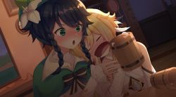 Rule 34 | 1boy, 1girl, :o, alcohol, bard, bare shoulders, beer, beer mug, blonde hair, blue hair, blush, bow, bowtie, braid, cup, dress, drink, drinking, drunk, closed eyes, frilled sleeves, frills, genshin impact, green eyes, hat, head on another&#039;s shoulder, highres, indoors, keipup, long sleeves, lumine (genshin impact), mug, nervous, open mouth, sitting, sleeping, table, tavern, trap, twin braids, venti (genshin impact)