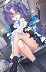 Rule 34 | 1girl, absurdres, anger vein, black footwear, black gloves, blue archive, blue necktie, boots, clenched teeth, collared shirt, commentary, crossed legs, formal, gloves, halo, highres, jacket, long hair, mechanical halo, necktie, open mouth, purple eyes, purple hair, shaded face, shirt, solo, suit, sysen, teeth, two-sided fabric, two-sided jacket, two side up, white shirt, yuuka (blue archive)