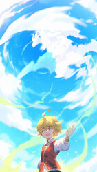 Rule 34 | 1boy, ahoge, blonde hair, blue sky, closed eyes, cloud, cloudy sky, dragalia lost, euden, hair between eyes, highres, male focus, nakabayashi zun, open mouth, puffy sleeves, red vest, shirt, short hair, sky, solo, upper body, vest, waving, white shirt