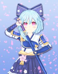 Rule 34 | absurdres, blue hair, breasts, child, highres, neptune (series), pink eyes, rhapsofree, ribbon, robe, rom (neptunia), samurai, short hair, shoulder pads, skirt, small breasts, smile, sword, weapon, white sister rom