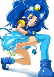 Rule 34 | 10s, 1girl, animal ears, blue eyes, blue footwear, blue gloves, blue hair, blue theme, blue thighhighs, boots, cat ears, cat tail, clenched teeth, cure gelato, food-themed hair ornament, gloves, hair ornament, highres, kirakira precure a la mode, lion ears, lion tail, long hair, looking at viewer, magical girl, precure, shimotsuki juugo, simple background, single thighhigh, smile, solo, tail, tategami aoi, teeth, thighhighs, white background