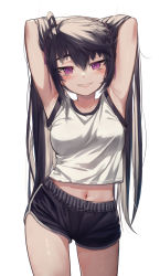Rule 34 | 1girl, absurdres, armpits, arms up, bare arms, black hair, black shorts, blush, breasts, collarbone, commentary request, cowboy shot, crop top, grin, hair lift, hands in hair, highres, lips, long hair, looking at viewer, medium breasts, navel, original, purple eyes, resolution mismatch, shiny skin, shirt, shorts, simple background, smile, solo, source smaller, sportswear, stomach, torriet, twintails, white background, white shirt
