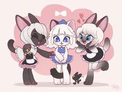 Rule 34 | 3girls, :d, animal ears, apron, artist name, black dress, black fur, blue dress, blush, cat ears, cat girl, cat tail, closed eyes, dress, fangs, full body, furry, furry female, gradient fur, hands on own cheeks, hands on own face, heart, highres, holding, holding clothes, hua hua de meme, leg up, long hair, maid, multiple girls, open mouth, original, pink background, signature, smile, standing, standing on one leg, tail, waist apron, white apron, white dress, white fur, white hair