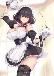 Rule 34 | 1girl, apron, bare shoulders, black hair, blush, boots, breasts, choker, cleavage, colored inner hair, commentary request, cuffs, cup, detached sleeves, gloves, javelin (nidy), large breasts, looking at viewer, maid, maid apron, maid headdress, multicolored hair, nidy, original, purple eyes, red hair, short hair, smile, solo, teacup, thighhighs, white gloves