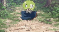 Rule 34 | 1girl, animated, animated gif, bandage over one eye, crossed bandaids, dr. stone, food, fruit, helmet, mask, melon, o o, outdoors, poncho, sandals, solo, spinning, standing, standing on one leg, suika (dr. stone), watermelon