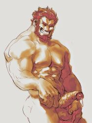 Rule 34 | 1boy, abs, bara, beard, completely nude, facial hair, facing viewer, fate/grand order, fate (series), full beard, girthy penis, grin, highres, iskandar (fate), kotei haijin, large pectorals, male focus, mature male, muscular, muscular male, nipples, nude, pectorals, penis, precum, red hair, smile, solo, thick beard, thick eyebrows, uncensored, veins, veiny arms