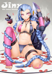 Rule 34 | 1girl, alternate breast size, ammunition, ammunition belt, bad id, bad pixiv id, blue hair, blush, braid, breasts, cameltoe, elbow gloves, explosive, feet, fingerless gloves, full body, gloves, grenade, hairline, highres, jewelry, jinx (league of legends), large breasts, league of legends, long hair, looking at viewer, nail polish, naughty face, no shoes, oni-noboru, panties, petals, pink eyes, revision, silver nails, single thighhigh, sitting, solo, striped clothes, striped panties, thigh strap, thighhighs, toeless legwear, toenail polish, toenails, toes, twin braids, underwear, very long hair, weapon