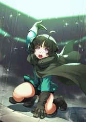 Rule 34 | 1girl, ahoge, amatori chika, boots, brown hair, cape, commentary request, gloves, glowing, highres, jacket, jun (navigavi), open mouth, puddle, purple eyes, rain, short hair, shorts, solo, stone floor, uniform, world trigger
