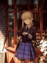 Rule 34 | 1girl, ahoge, alternate costume, artoria pendragon (all), artoria pendragon (fate), bag, belt, blonde hair, blue dress, blue ribbon, brown belt, dress, fate/stay night, fate (series), green eyes, hair ribbon, hands up, highres, outdoors, parted lips, plaid, plaid dress, ribbon, saber (fate), shoulder bag, solo, standing, tamitami, watch, window, wristwatch
