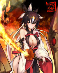 1girl absurdres armor bare_shoulders black_dress black_hair black_skirt breasts brown_eyes center_opening cleavage detached_sleeves dress facial_mark fate/grand_order fate_(series) fire forehead_mark gold_trim hair_between_eyes halterneck high_ponytail highres japanese_armor katana large_breasts layered_skirt long_hair looking_at_viewer multicolored_hair nagao_kagetora_(fate) radishkek sidelocks skirt sword thighs two-tone_hair uesugi_kenshin_(fate) uesugi_kenshin_(third_ascension)_(fate) very_long_hair weapon white_hair white_skirt wide_sleeves