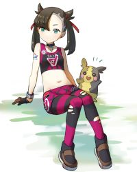 Rule 34 | 1girl, :d, absurdres, asymmetrical bangs, bare arms, bare shoulders, black hair, black pantyhose, boots, breasts, choker, commentary request, creatures (company), crop top, expressionless, full body, game freak, gen 8 pokemon, gloves, green eyes, hair ribbon, highres, leggings, looking at viewer, marnie (pokemon), medium hair, midriff, morpeko, morpeko (full), navel, nintendo, open mouth, pantyhose, peppedayo ne, pokemon, pokemon (creature), pokemon swsh, red ribbon, ribbon, simple background, sitting, small breasts, smile, striped clothes, striped pantyhose, tank top, torn clothes, torn legwear, twintails, two-tone legwear, wristband