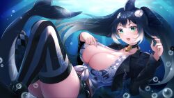 Rule 34 | 1girl, 60mai, air bubble, ankle boots, black footwear, black jacket, boots, breasts, bubble, cetacean tail, chain, commission, cropped jacket, cross-laced footwear, fins, fish tail, green eyes, highres, huge breasts, indie virtual youtuber, jacket, killah orki, large breasts, non-web source, open clothes, open jacket, open mouth, orca, shirt, skeb commission, solo, tail, thighhighs, tied shirt, underwater, virtual youtuber