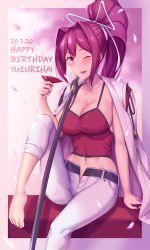 Rule 34 | 1girl, ;d, arm support, barefoot, blush, border, breasts, camisole, capri pants, cherry blossoms, cleavage, collarbone, commentary request, crop top, cup, dated, groin, hair between eyes, hair intakes, hair ribbon, happy birthday, high ponytail, highres, holding, holding cup, jacket, jacket on shoulders, knee up, large breasts, long hair, looking at viewer, midriff, navel, one eye closed, ootachi, open fly, open mouth, pants, pants rolled up, pink background, pink border, ponytail, purple hair, red camisole, red eyes, ribbon, sakazuki, shadow, sheath, sheathed, sitting, smile, solo, soukitsu, sword, taut clothes, twitter username, under night in-birth, very long hair, weapon, white jacket, white pants, white ribbon, yuzuriha (under night in-birth)