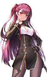 Rule 34 | 1girl, absurdres, bad id, bad pixiv id, black gloves, black pantyhose, blunt bangs, braid, breasts, chyopeuteu, cleavage, collared shirt, contrapposto, covered navel, cowboy shot, girls&#039; frontline, gloves, hair ribbon, hand on own hip, highres, huge filesize, long hair, long sleeves, looking at viewer, medium breasts, no bra, one side up, open clothes, open shirt, pantyhose, parted lips, purple hair, red eyes, red ribbon, ribbon, shirt, side slit, smile, solo, straight hair, unbuttoned, unbuttoned shirt, very long hair, wa2000 (girls&#039; frontline), white shirt, wing collar