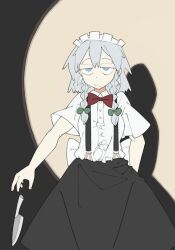 Rule 34 | 1girl, :/, back bow, black skirt, blue eyes, bolos, bow, bowtie, braid, breasts, buttons, closed mouth, commentary, cowboy shot, dropping, english commentary, expressionless, green bow, grey hair, hair bow, half-closed eyes, izayoi sakuya, kitchen knife, looking at viewer, maid, maid headdress, medium hair, red bow, red bowtie, shadow, shirt, short sleeves, skirt, small breasts, solo, suspender skirt, suspenders, touhou, twin braids, waist bow, white bow, white shirt