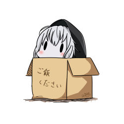 Rule 34 | 10s, 1girl, 2017, absurdres, abyssal ship, blush, box, cardboard box, chibi, dated, hatsuzuki 527, highres, in box, in container, kantai collection, pale skin, re-class battleship, solid oval eyes, solo, translated, twitter username, white background, white hair