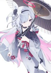 Rule 34 | 1girl, blue archive, bow, grey eyes, hair bow, hairband, hajin, japanese clothes, kimono, long sleeves, looking at viewer, multicolored hair, plana (blue archive), solo, two-tone hair, white hair