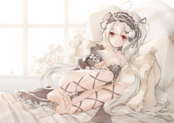Rule 34 | 1girl, absurdres, ahoge, bad id, bad pixiv id, bare shoulders, barefoot, bed, between legs, black dress, breasts, choker, dress, feet, hairband, heart, heart ahoge, highres, knees up, legs, lolita hairband, long hair, lying, niliu chahui, on side, original, pillow, red eyes, ribbon, silver hair, soles, solo, strapless, strapless dress, thighs, toes, tokisaki mio (niliu chahui), two side up, very long hair, window