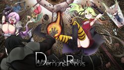 Rule 34 | 1boy, 6+girls, absurdres, ahoge, akaimato, ange (demonsroots), armor, bandages, bikini armor, black coat, black footwear, black gloves, black hair, blonde hair, book, boots, breasts, claw (weapon), coat, crying, deathpolca, demons roots, diana (demonsroots), dress, falling, fighting, fingerless gloves, gloves, gradient hair, green eyes, grey hair, gun, highres, kalinka (demonsroots), large breasts, library, lily killer, long hair, magic, multicolored hair, multiple girls, open mouth, pink hair, plant, red dress, red hair, restrained, rifle, sarasa (demonsroots), shield, side ponytail, skeleton, striped clothes, striped thighhighs, thighhighs, vines, wavy mouth, weapon