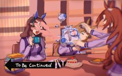 Rule 34 | 3girls, animal ears, blurry, book, book stack, bow, bowtie, breasts, brown hair, cake, cake slice, chair, closed eyes, cookie, cup, depth of field, dodging, faceless, faceless female, food, grass wonder (umamusume), holding, holding cup, horse ears, indoors, kawakami princess (umamusume), king halo (umamusume), long hair, long sleeves, mado (71221497o), multiple girls, purple shirt, sailor collar, school uniform, shadow, shirt, sitting, small breasts, smile, spoon, table, teacup, teapot, to be continued, tracen school uniform, tray, umamusume