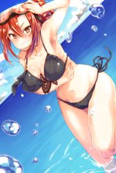 Rule 34 | 1girl, aozaki touko, between breasts, bikini, black bikini, blush, breast hold, breasts, cleavage, curvy, female focus, gradient background, grin, highres, kamehima, kara no kyoukai, large breasts, long hair, looking at viewer, navel, ponytail, red eyes, red hair, smile, solo, swimsuit, thighs, wide hips