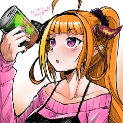 Rule 34 | 1girl, :o, absurdres, ahoge, alternate costume, blunt bangs, can, commentary, english commentary, english text, highres, holding, holding can, hololive, kiryu coco, looking up, open mouth, orange hair, pointy ears, ponytail, ryoshi, solo, virtual youtuber