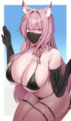 Rule 34 | 1girl, absurdres, animal ear fluff, animal ears, arknights, bikini, black bikini, black gloves, braid, breasts, choker, commentary, elbow gloves, gloves, hair intakes, highres, kanta (kanta 077), large breasts, long hair, looking at viewer, mask, mouth mask, navel, pink eyes, pink hair, pozyomka (arknights), red choker, seiza, single braid, sitting, solo, stomach, swimsuit, thigh strap, thighs, very long hair, wolf ears
