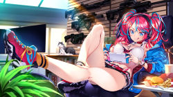 Rule 34 | 1girl, belt, black bra, black shorts, blue eyes, blue hair, blue jacket, bra, bracelet, breasts, chair, choker, cleavage, commentary request, crop top, cross-laced clothes, cross-laced top, fashion, foot up, hair ornament, hairclip, headphones, heart, heart necklace, high tops, highres, holding, jacket, jewelry, knee up, lock, long hair, looking at object, matsuryuu, medium breasts, midriff, multicolored hair, multiple rings, nail polish, navel, necklace, nintendo switch, off-shoulder jacket, off shoulder, original, ottoman, pink footwear, pink hair, playing games, red belt, ring, shoes, short shorts, shorts, simple background, smile, sneakers, socks, solo, streaked hair, tank top, thighs, tongue, tongue out, twintails, underwear, watch, wristwatch, yellow socks