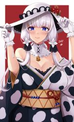 Rule 34 | 1girl, absurdres, alternate costume, azur lane, bare shoulders, bell, black bra, blue eyes, blush, bra, breasts, cleavage, closed mouth, commentary request, detached collar, gloves, hat, highres, holding, holding clothes, holding hat, illustrious (azur lane), japanese clothes, kimono, lace-trimmed headwear, lace trim, large breasts, looking at viewer, mole, mole under eye, obi, off shoulder, sash, smile, standing, sun hat, tri tails, underwear, wee (weeyy), white gloves, white hair, white headwear, wide sleeves