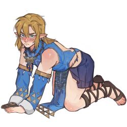 Rule 34 | 1boy, all fours, back cutout, bare shoulders, blonde hair, blue eyes, blue sleeves, blush, clothing cutout, detached sleeves, draw your babygirl (meme), earrings, frostbite set (zelda), hair undone, highres, jewelry, link, long sleeves, looking at viewer, male focus, medium hair, meme, nintendo, official alternate costume, pelvic curtain, revitalia, simple background, solo, the legend of zelda, the legend of zelda: tears of the kingdom, trap, very long ears, white background