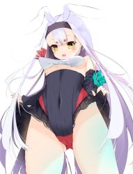 Rule 34 | 1girl, animal ears, azur lane, black leotard, black skirt, breasts, cameltoe, clothes lift, commentary request, covered navel, from below, gluteal fold, hairband, highres, hino kagutsuki, leotard, lifting own clothes, long hair, looking down, open mouth, rabbit ears, shimakaze (azur lane), silver hair, simple background, skirt, skirt lift, small breasts, solo, strapless, strapless leotard, thighs, underboob, very long hair, white background, yellow eyes