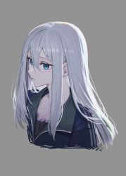 Rule 34 | 1girl, backlighting, black shirt, blue eyes, blue jacket, breasts, cleavage, collarbone, cropped torso, dl (dl 6ix), double vertical stripe, expressionless, eyelashes, facing away, from above, grey background, grey hair, hair between eyes, hair strand, highres, jacket, jitome, long hair, looking afar, pale skin, parted lips, partially unzipped, project sekai, shiny skin, shirt, sidelocks, simple background, small breasts, solo, straight hair, track jacket, upper body, wing collar, yoisaki kanade
