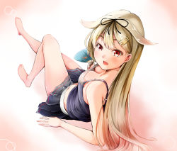 Rule 34 | 10s, 1girl, adapted costume, barefoot, black skirt, black tank top, blonde hair, blush, breasts, cleavage, from above, gradient background, hair flaps, hair ornament, hair tie, hairclip, hand fan, highres, kantai collection, long hair, medium breasts, midriff, paper fan, pleated skirt, red eyes, sezok, skirt, solo, tank top, uchiwa, yuudachi (kancolle), yuudachi kai ni (kancolle)