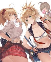 Rule 34 | 10s, 3girls, ;p, ahoge, alternate costume, alternate hairstyle, artoria pendragon (fate), ass, bag charm, blonde hair, bow, bra, bra visible through clothes, bracelet, braid, breasts, blowing bubbles, cardigan, cardigan around waist, charm (object), clothes around waist, cowboy shot, crown braid, denim, denim shorts, dutch angle, fate/apocrypha, fate/extra, fate (series), green eyes, grin, hair bow, hair over one eye, highres, jewelry, light brown hair, medium breasts, midriff, mordred (fate), mordred (fate/apocrypha), mordred (memories at trifas) (fate), multiple girls, mysterious heroine x alter (fate), nail polish, navel, nero claudius (fate), nero claudius (fate) (all), nero claudius (fate/extra), one eye closed, open clothes, open shirt, pinky out, plaid, plaid skirt, pleated skirt, ponytail, ring, sailor collar, school uniform, see-through, shirt, short shorts, shorts, shoulder blades, simple background, skirt, small breasts, smile, strap slip, strapless, tokopi, tongue, tongue out, tube top, underwear, white background, wrist cuffs