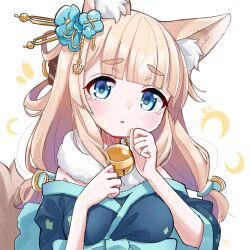 Rule 34 | 1girl, animal ear fluff, animal ears, aqua kimono, azur lane, bell, blonde hair, blue eyes, blue kimono, blunt bangs, blush, commentary request, fox ears, fox girl, fox tail, fur scarf, hair ornament, hairpin, hand on own chin, highres, japanese clothes, jewelry, kimono, long hair, looking at viewer, low twintails, marui kado, medium hair, neck bell, niizuki (azur lane), parted lips, scarf, signature, simple background, solo, tail, tearing up, twintails, upper body, white background, white scarf