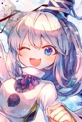 Rule 34 | 1girl, :3, ;d, blue eyes, hat, highres, itsumizu, japanese clothes, kariginu, long hair, long sleeves, looking at viewer, mononobe no futo, one eye closed, open mouth, pom pom (clothes), ponytail, silver hair, smile, solo, tate eboshi, touhou, upper body
