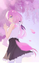 Rule 34 | 1girl, absurdres, bare shoulders, black skirt, blue eyes, breasts, cherry blossoms, elf, elysia (honkai impact), elysia (miss pink elf) (honkai impact), falling petals, hair between eyes, hair ribbon, highres, honkai (series), honkai impact 3rd, huangyou ban rousong, long hair, long skirt, looking at viewer, looking to the side, official alternate costume, own hands together, petals, pink hair, pointy ears, ribbon, shirt, skirt, sleeveless, sleeveless shirt, solo, thighhighs, very long hair, white ribbon, white shirt, white thighhighs