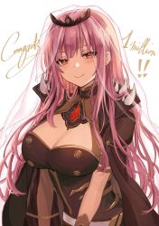 Rule 34 | 1girl, black cape, black dress, blush, breasts, cape, cleavage, cleavage cutout, clothing cutout, collar, commentary, congratulations, dress, english commentary, highres, hololive, hololive english, long hair, looking at viewer, mori calliope, pink hair, red eyes, smile, solo, spiked collar, spikes, ten-chan (eternal s), tiara, upper body, veil, virtual youtuber, white background