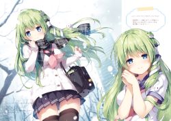 Rule 34 | 1girl, animal, bag, black thighhighs, blue eyes, blue skirt, blush, branch, breasts, buttons, charm (object), closed mouth, coat, day, frog hair ornament, green hair, hair ornament, hair tubes, highres, holding, kochiya sanae, long hair, long sleeves, looking at viewer, medium breasts, miyase mahiro, multiple views, outdoors, own hands together, pleated skirt, scarf, school bag, school uniform, short sleeves, simple background, skier, skirt, sleeves past wrists, smile, snake, snake hair ornament, snow, snowing, thighhighs, touhou, tree, upper body, winter clothes, winter coat, zettai ryouiki