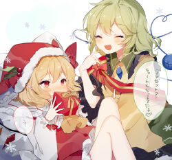 Rule 34 | 2girls, ascot, blush, closed mouth, flandre scarlet, gift, green hair, hat, highres, knee up, komeiji koishi, multiple girls, open mouth, pointy ears, red eyes, red ribbon, ribbon, santa hat, simple background, snow, sorani (kaeru0768), speech bubble, thighhighs, touhou, translation request, white background, yellow ascot