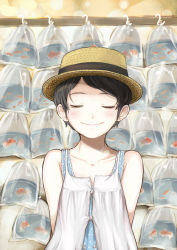 Rule 34 | 1girl, arms behind back, black hair, character request, collarbone, dress, closed eyes, female focus, fish, goldfish, hat, saiguchi otoufu, short hair, smile, solo, sundress, upper body