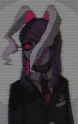 Rule 34 | 1girl, animal ears, bad id, bad twitter id, blazer, collared shirt, crescent, crescent pin, glitch, jacket, long hair, looking to the side, n0een, necktie, purple hair, rabbit ears, rabbit girl, red eyes, red necktie, reisen udongein inaba, shirt, sketch, touhou, upper body, white shirt