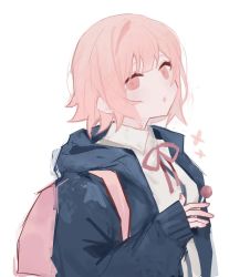 Rule 34 | 1girl, :o, backpack, bag, candy, danganronpa (series), danganronpa 2: goodbye despair, food, haru (ririne9999rine), highres, holding, jacket, lollipop, long sleeves, looking at viewer, nanami chiaki, neck ribbon, open clothes, open jacket, parted lips, pink eyes, pink hair, pink ribbon, ribbon, shirt, short hair, simple background, solo, upper body, white background, white shirt