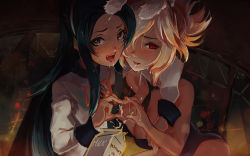 Rule 34 | 2girls, bad id, bad tumblr id, battle bunny riven, blush, breasts, playboy bunny, cleavage, crossover, detached collar, fangs, green eyes, green hair, hair over one eye, heart, heart-shaped pupils, heart hands, heart hands duo, large breasts, league of legends, long hair, maid, milk, milk carton, multicolored hair, multiple girls, necktie, red eyes, ribbon, riven (league of legends), saliva, saliva trail, softmode, suggestive fluid, suzumiya haruhi no yuuutsu, swimsuit, symbol-shaped pupils, tsuruya, two-tone hair, white hair, yuri